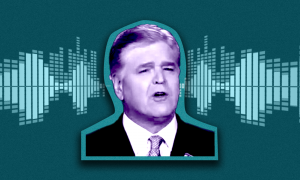 Sean Hannity in front of a radio waveform image