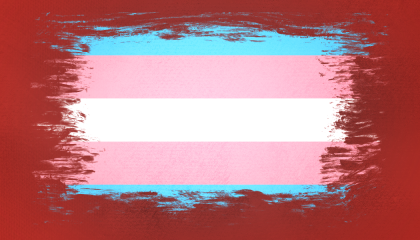 artistic rendering of trans pride flag enveloped at the edges by a sea of red