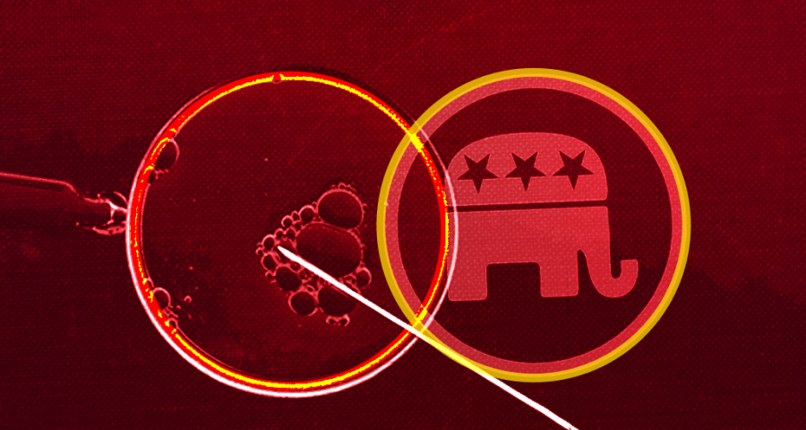 IVF drawing and GOP elephant against a red background