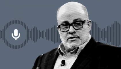 Mark Levin in front of an audio wave in black and white 