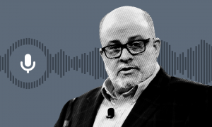 Mark Levin in front of an audio wave in black and white 