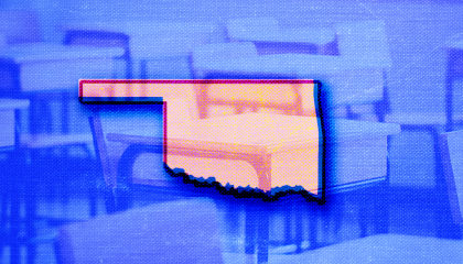 A background of desks overlaid in blue with a transparent red silhouette of the state of Oklahoma