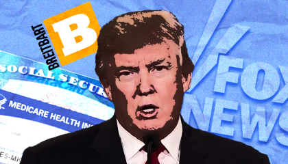 Donald Trump with the logos of Fox News and Breitbart, with Social Security and Medicare cards in the background
